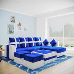 WOODREAM Right Facing Upholstered L Shape 8 Seater Sofa Set | Sectional Upholstery Fabric Sofa Set with Centre Table, 2 Puffy Ottomans and 6 Small Pillow for Living Room & Drawing Room | Blue & White