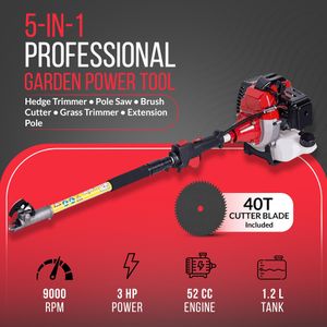 52cc 5-in-1 Petrol Garden Multi Tool – Hedge Trimmer, Brush Cutter