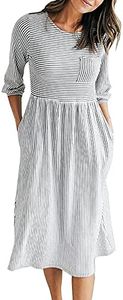 MEROKEETY Women's 3/4 Balloon Sleeve Striped High Waist T Shirt Midi Dress, Black White, Large