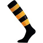 Mitre Adult Mercury Hoop Football Sports Socks | Football Team Kit | Lightweight Long Sock | Breathable Sports Sock, Black/Amber, Senior (7 UK - 12 UK)