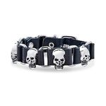 Biker Jewelry Hip Hop Goth Punk Rock Skull Heads Genuine Black Leather Studded Rivet Stainless Steel Multi Skull Heads Cuff Bracelet for Men Teens Adjustable Belt Buckle