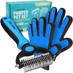 Maxpower Planet Pet Grooming Brush and 2X Grooming Gloves Combo - Double Sided Dematting, Deshedding Undercoat Rake for Dogs and Cats - Reduce Shedding Easily - Blue