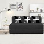 Home Decor Lounge Foldable Three Seater Sofa Cum Bed with Cushion for Home Jute Fabric | Mattress- Perfect for Guests | 5X6 Feet- Black Color