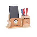 SHIVOM CRAFTS Personalized Wooden Desk Nameplate with Clock for Office Table Stylish, Wooden Mobile Phone Holder for Home and Office - Customized Gift, Get Name Printed (L-17.5 B-7cm H-10.5cm,)