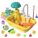 CUTE STONE Play Sink with Running Water, Kitchen Sink Toys with Upgraded Electric Faucet, Play Food Toys, Pool Floating Fishing Toys for Water Play, Kids Role Play Dishwasher Toy Gift for Boys Girls