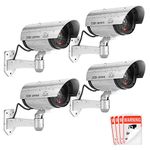 FITNATE Dummy Security Camera, Upgrated 4 Packs Fake Security Camera CCTV Surveillance System with LED Red Flashing Light for Both Indoor & Outdoor Use + Security Camera Warning Stickers × 4 (Sliver)