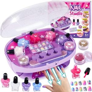 Golray Kids Nail Polish Set for Girls, All-in-One Nail Art Kit - Nail Dryer/ Nail Polish/ Glitter Powder/ False Nails/ Nail Decals/ Toe Separator/File, Age 3-12 Little Girl Gift Toys