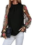 Floerns Women's Floral Embroidery Mesh Mock Neck Flare Long Sleeve Blouse Top Black L