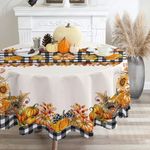 cusugbaso Fall Round Tablecloth 70 inches - Fall Decorations for Home - Water Resistant Harvest Thanksgiving Table Cloth Black Plaid Pumpkins Fall Decor for Home, Table, Dinning