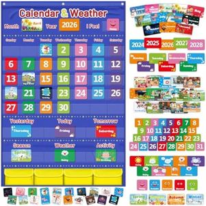 Blue Classroom Calendar Pocket Chart for Kids - Monthly Weather Seasons Learning Chart with 113 Cards | Teacher Must Haves for Kindergarten, Preschool, Homeschool | Interactive Educational Wall Chart