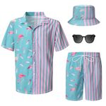 Harloon 4 Pcs Men Hawaiian Shirt and Short Set Flamingo Casual Button Down Summer Beach Outfit with Bucket Hat and Sunglasses(M Size)