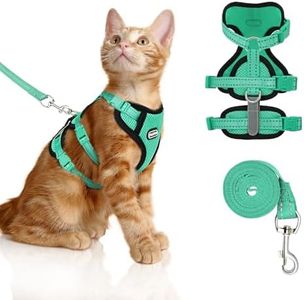 Cat Harness for Walking, Escape Proof Cat Harness and Leash Set with Reflective Strip, Adjustable Cat Leash Breathable Soft Vest for Small to Large Cats, Green, M