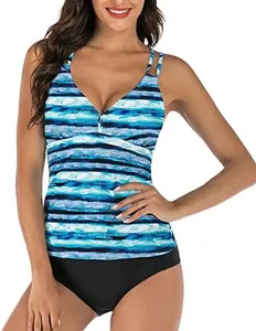 HAIVIDO Women's V Neck Tankini Set Criss Cross Back Tankini Top with Bikini Bottom Two Piece Bathing Suits Print-7 XL