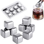 DATANYA Whiskey Stones Reusable Ice Cubes Stainless Steel 8 Pack Whiskey Chilling Stones Metal Wine Chillers Whiskey Ice Trays, Gifts with Silicone Tongs, Fast Cooler for Drink, Wine, Beers, Beverages