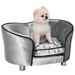 PawHut Dog Sofa Bed for Miniature Dogs, Pet Chair Couch Kitten Lounge with Soft Washable Cushion, Thick Sponge, Wooden Frame, Storage Pocket, 69 x 49 x 38cm - Silver-Tone