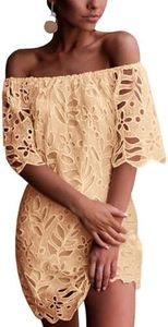 PRETTYGARDEN Women's Summer Off Shoulder Vintage Floral Lace Flare Short Sleeve Loose Elegant Mini Dress, Apricot, X-Large