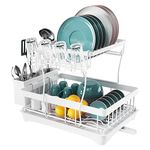 SENENQU Dish Drying Rack, White Dish Drainer Rack with Drip Tray, 2-Tier Metal Dish Rack with Utensil Holder, Large Capacity Draining Board Rack for Kitchen Countertop