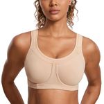 SYROKAN Women's High Impact Removable Pads Sports Bra Underwire Full Coverage Support Workout Running Bra Beige 34DD