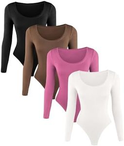 Liloak Women's 4 Pack Bodysuits Long Sleeve with Multi Necklines, Stretchy Basic Ribbed Body Suits Tops for Women Casual, Scoop Neck-black/White/Coffee/Pink, Small