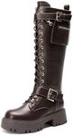 DREAM PAIRS Women's Combat Riding Platform Knee High Boots, Lace Up Fall Lug Sole Gothic Motorcycle Boots with Inside Zipper,Size 7,BROWN,SDKB2304W