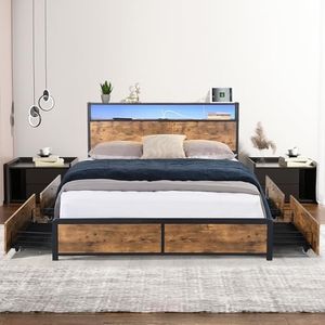 Levede Double Bed Frame with Industrial RGB LED,Metal Platform Bed with Storage Headboard,USB Charging Station,4 Storage Drawers,Noise-Free Mattress Foundation,Rustic Brown, No Box Spring Needed