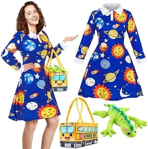 ramede 3 Pcs Women Halloween Teacher Costume Set Vintage Long Sleeve Dress with School Bus Bag for Halloween Role Play Party(Planet Print Blue,Large)