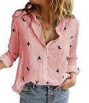 Livonmone Women's Blouse Casual Long Sleeve Shirts V Neck Button Down Basic Loose Tunic Tops (Pink, XL)