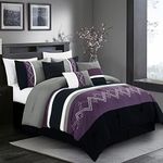 Chezmoi Collection Arden 7-Piece Modern Pleated Stripe Embroidered Zigzag Bedding Comforter Set (Queen, Purple/Black/Gray/White)