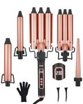 5 in 1 Curling Wand Set, Ohuhu Hair Curler Set with 2 Three-Barrel Curling Irons 3 Interchangeable Ceramic Barrels 0.35-1.25 Inch LED Display Temperature Adjustment Heat Protective Glove for Women