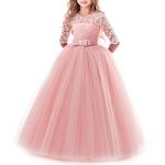 Flower Girls Lace 3/4 Sleeve Dress Wedding Bridesmaid First Communion Evening Party Floor Length Dress Kid Toddler Princess Pageant Birthday Prom Carnival Christmas Ball Gown Pink 9-10 Years