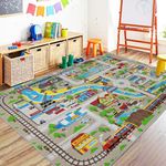 Capslpad Kids Rug for Playroom 6'6" x 5'0" Educational Learning Kids Play Area Rug Large Traffic Road Cars Rug Play Mat for Kids Toy Nursery Rug Kids Car Carpet for Living Room Home Decor, Tan