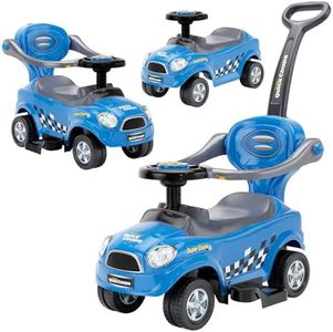ChromeWheels 3 in 1 Ride on Push Car for Toddlers with Removable Handle/Guardrails/Pedal, Horn, Music, Under Seat Storage (Blue)