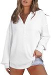 AlvaQ Oversized Sweatshirts Fall Outfits for Women 2024 Plus Size Casual Waffle Knitted Long Sleeve V-Neck Polo Shirts Pullover Tunic Tops White XX-Large