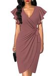 oten Women's Classic Ruffle Sleeve V-Neck Tie Belt Wrap Bodycon Office Cocktail Party Nightout Dress Brown Large