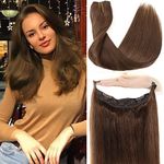 Ugrace Hair Fishing line Hair Extensions Real Human Hair Chocolate Brown 16 inch 80g Hairpiece with Transparent Invisible Fish Line Straight Clip in Human Hair Extensions for Women