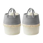 DECOMOMO Cotton Rope Basket | Woven Basket for Nursery Blanket Plant 15.7” x 11.8” Cute Bin with Tassel Design for Storage Organization Gift Home Décor (Grey and Ivory White, Set of 2)