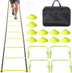 Navaris Agility Ladder Set with Hurdles - Complete Kit - 4 Adjustable Height Hurdles - Indoor or Outdoor Speed Agility Training - 10 Disc Cones - Yellow