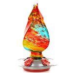 Glass Hummingbird Feeder for Outdoor Hanging Patio Large 28 Ounces Hand Blown Glass Hummingbird Feeder with Perch Included Ant Moat Hook, Hanging Hook, Rope, Brush and Service Card (Colorful)