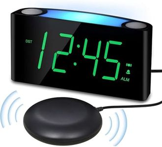 Extra Loud Vibrating Alarm Clock with Bed Shaker for Heavy Sleeper Deaf Hard of Hearing, Large LED Display Digital Clock for Bedroom,Dimmer,Night Light,USB Phone Charger,Battery Backup,Senior Teen Kid