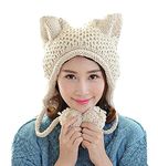 BIBITIME Women's Hat Cat Ear Crochet Braided Knit Caps Warm Snowboarding Winter (One Size, Beige)