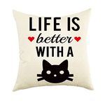 Ogiselestyle Cat Lover Decor Life Is Better with A Cat Quote Cotton Linen Home Decorative Throw Pillow Case Cushion Cover for Sofa Couch, 18" x 18"