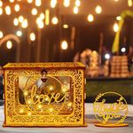 OurWarm Gold Card Box for Wedding, Glitter Wooden Wedding Card Box with Heart Lock and String Light, Gift Card Box Money Box for Wedding Reception Birthday Party Anniversary Graduation Decorations