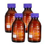 PATIKIL 4 Pack Reagent Media Storage Bottles, 500ml Borosilicate Glass Graduated Round Bottles with GL45 Blue Screw Cap for Lab Water Reagent Liquids, Brown