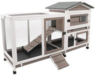 Gowoodhut Rabbit Hutch Indoor Outdoor 2 Story Bunny Cage with 3 No Leak Trays,55.31" L Guinea Pig Cages Rabbit Cage with 6 Wheels for Guinea Pig,Rabbit,Hamster,Chicks(White/Grey)