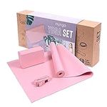 Myga RY1502 Yoga Starter Set with Studio Yoga Mat, Yoga Block Brick and Metal D-Ring Yoga Strap - Yoga Beginners Starter Kit, Complete Home Set - Pink