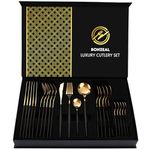 BonZeaL 24 Pieces Black Gold Cutlery Set for 6 Person Mirror Finish Stainless Steel Premium Flatware Set House Warming Gifts for New Home Cutlery Set for Hotel Cafe Bar Restaurant Wedding Ceremony