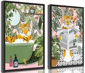 2Pcs Fun Bathtub Animals Bathroom Canvas Wall art Maximalist Tropical Botanical Tiger Reading Newspaper on Toilet Painting Pictures Wall Decor Eclectic Jungle Toilet Poster Print Artwork Unframed