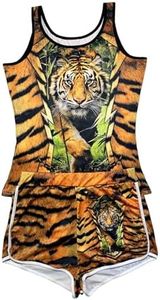 Kencey Womens Satin Silk Pajamas Set Shorts Sleeveless Tank Top and High Waisted Shorts Set Cartoon Tiger Print Casual Sleepwear for Beach Vacation Lounge Large D9950-10 L