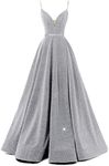 VKBRIDAL Women's V-Neck Prom Dresses Long Sparkly Ball Gown Side Split Glittery Spaghetti Formal Evening Gowns with Pockets, Silver, 16