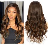 Sapphirewigs Brown Wig Lace Front Wig Highlight Synthetic Wavy Balayage Kanekalon Futura Wig Party Date Daily Wear Natural Looking Wig 26inch